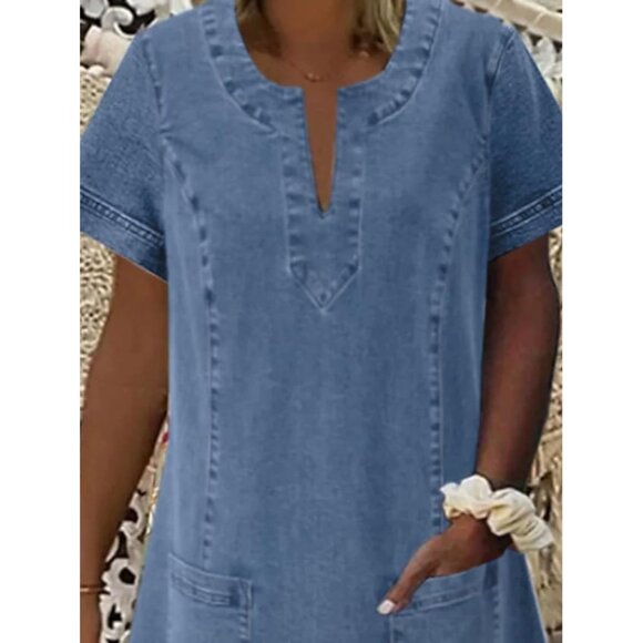 Women Denim Dress Short Sleeve Midi A-line Casual Summer Shift - Picture 3 of 5